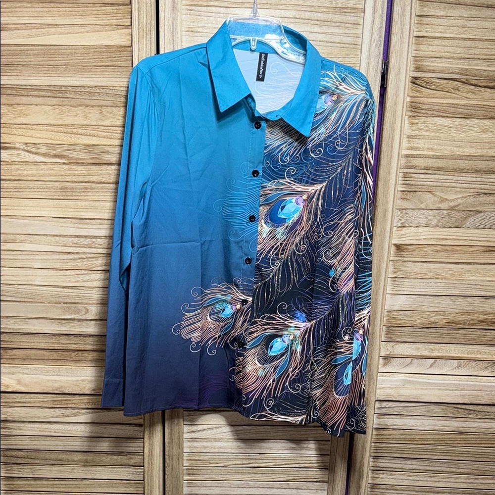 Just Fashion Now Peacock Feather Print Button Down Long Sleeve  Shirt Size XL